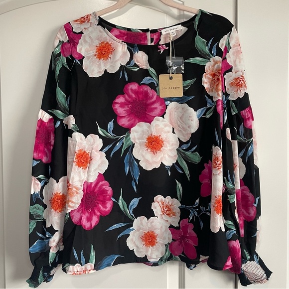 Gorgeous Blu Pepper Black Floral Chiffon Blouse Drop Sleeves - Picture 2 of 9